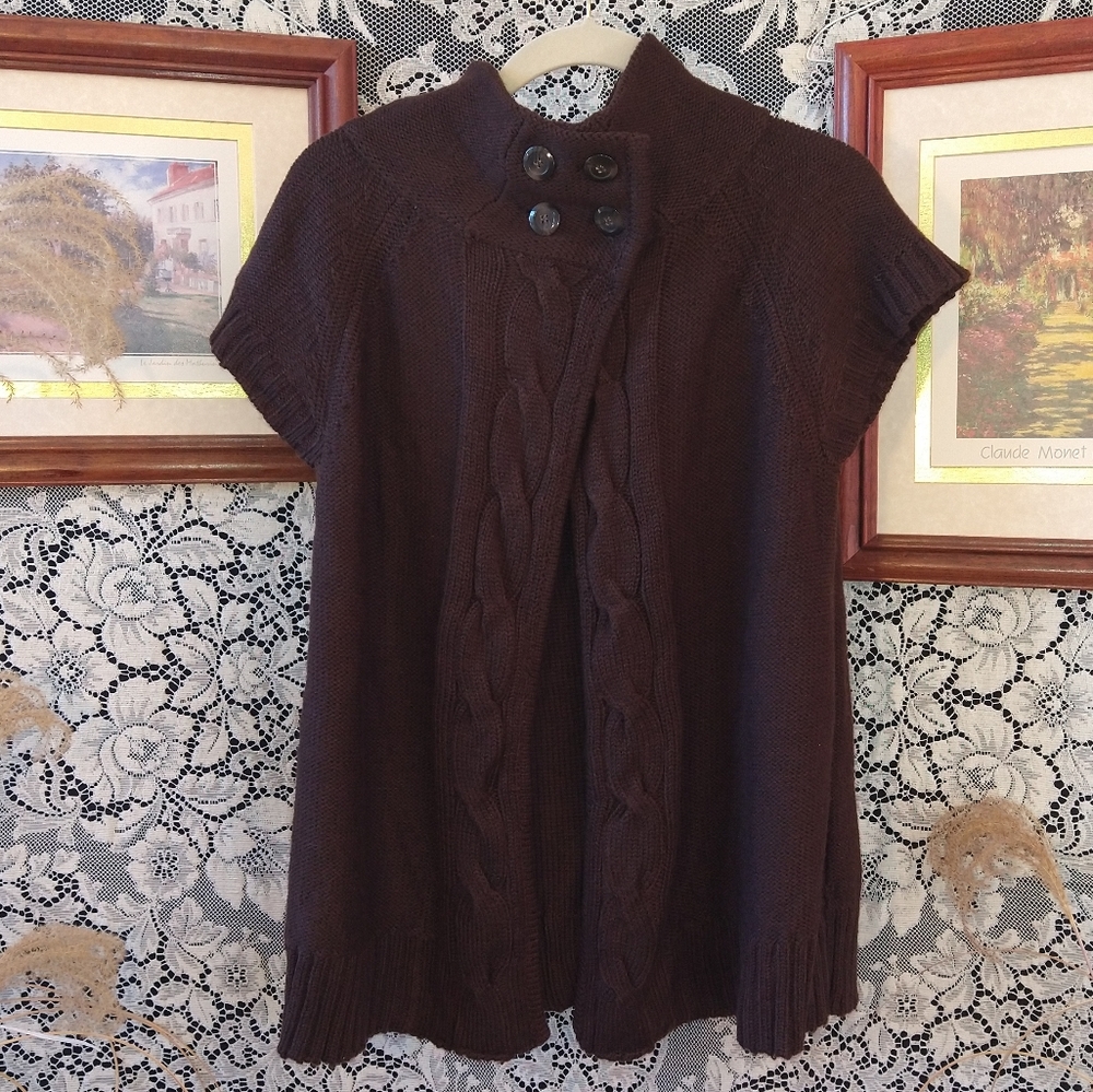 Hot in Hollywood dark brown knit cardigan sweater stand collar short sleeves